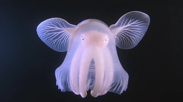 Translucent dumbo octopus flapping its fins in the dark abyss. 4K Video