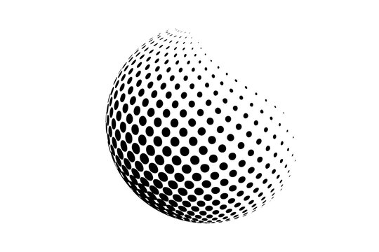 Halftone sphere with bold black dots and smooth radial gradient. Abstract dotted globe creates a modern 3D texture for posters, branding, technology, and digital design. Clean vector art.