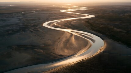 Fototapeta premium Wide aerial view of a winding desert river with cracked mud patterns at sunset