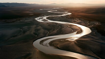 Fototapeta premium Wide aerial view of a winding desert river with cracked mud patterns at sunset
