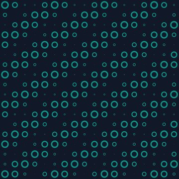 A seamless geometric pattern featuring teal circles of varying sizes and stroke weights distributed across a dark navy blue background in a grid-like arrangement.
