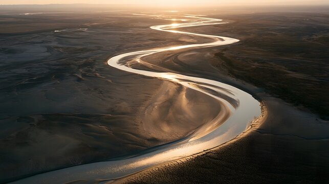 Wide aerial view of a winding desert river with cracked mud patterns at sunset