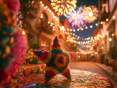 Colorful star shaped pinata hanging in a street during a festive night celebration with fireworks