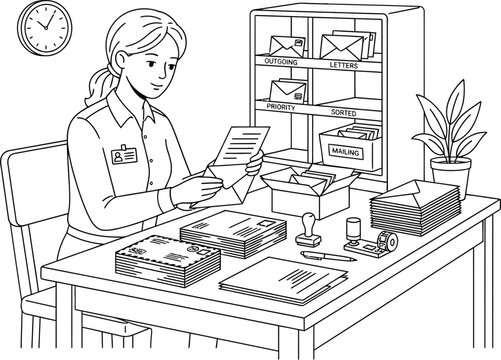 A woman working as a post office clerk organizing mail at a desk.