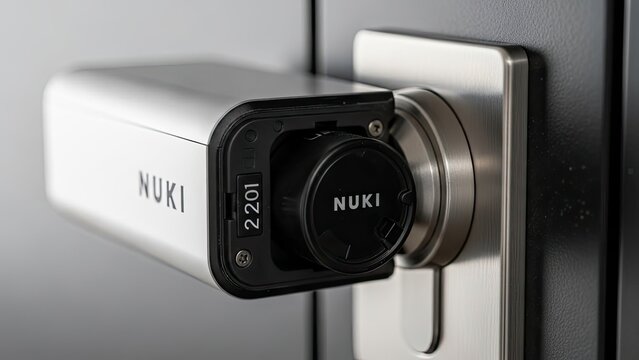 Smart lock on door. Silver and black hardware showing internal mechanics