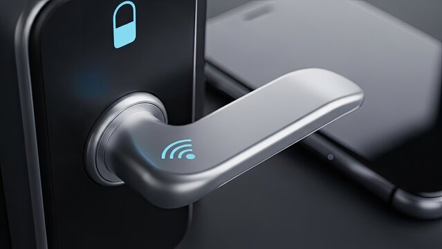 Smart lock with illuminated icons and phone near it, highlighting home security