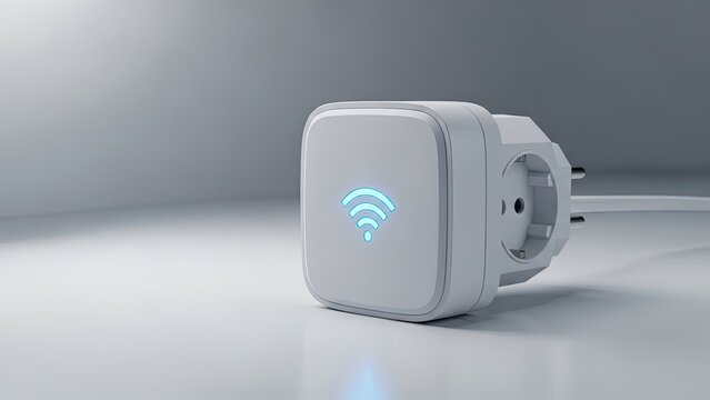 Smart wireless power plug with illuminated Wi-Fi symbol, studio shot on white surface