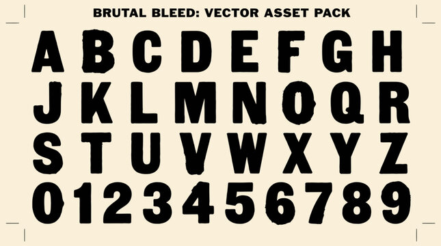 A typographic asset sheet titled BRUTAL BLEED featuring uppercase letters AZ and digits 09 in a distressed textured font