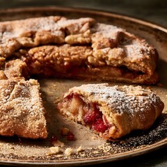 Fototapeta premium Rustic galette served on worn baking sheet with moody lighting