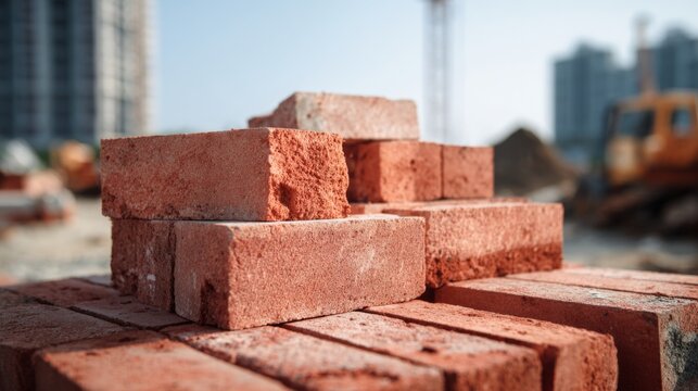 Close-up of Red Bricks Stacked Neatly on Construction Site with Machinery and Urban Background