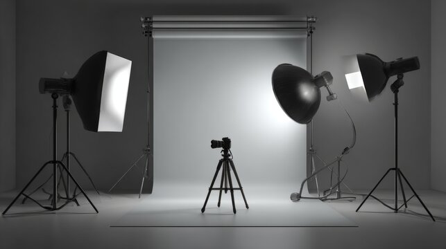 Studio photography setup with lighting equipment, camera, and backdrop for professional photo shoots and creative projects