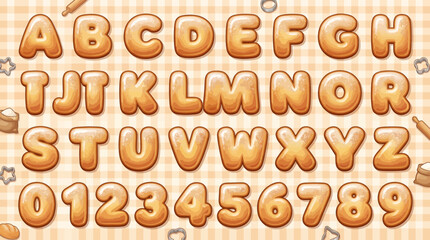 An alphabet and number set consisting of goldenbrown cookie letters and digits on a beige gingham background © Fauzan Adzima