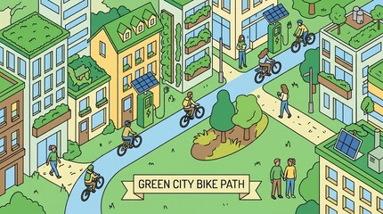 Fototapeta premium Isometric view of sustainable urban living with people cycling through a vibrant green city landscape featuring eco-friendly architecture