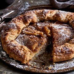 Fototapeta premium Rustic galette served on worn baking sheet with moody lighting