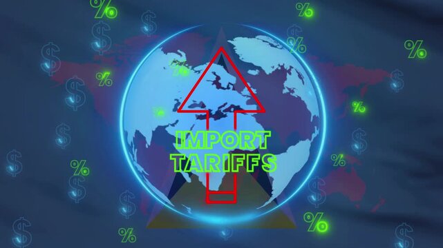 Global Import Tariffs: A conceptual graphic illustrates the impact of import tariffs on the global economy, with the Earth as a focal point surrounded by percentages and currency symbols.