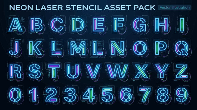 A neonstyle alphabet and numeric set with laser stencil designs glowing blue green and pink against a dark grid