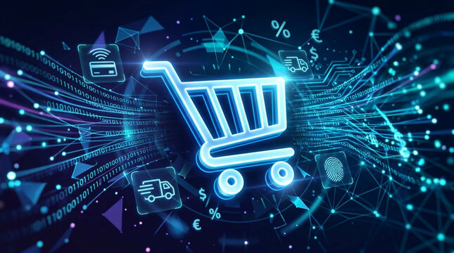 Glowing neon blue shopping cart icon on a digital background with binary code, payment icons, delivery trucks, and currency symbols representing e-commerce and retail technology.