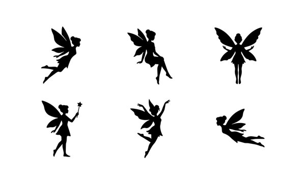 70 Six Silhouette Fairies, Magical Winged Sprites, Enchanted Fantasy Characters, Vector Icons for Children's Stories and Celebrations 100