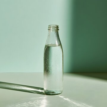Minimalist Glass Water Bottle with Condensation on Sage Green
