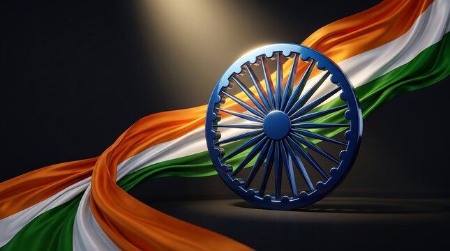 Ashoka Chakra wheel is positioned beside the gracefully draped flag of India against a dark backdrop.