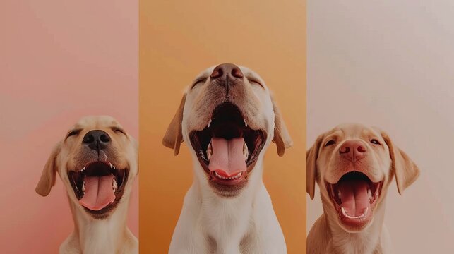 Collage of six dog portraits on neutral beige background for veterinary or commercial use