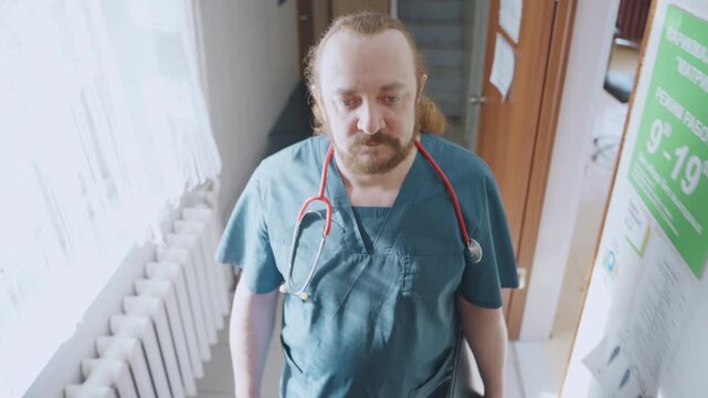 Paramedic nurse walking hospital corridor stethoscope over shoulders scrubs clad caregiver moves through narrow clinic hallway toward consultation room soft window light wall posters focused