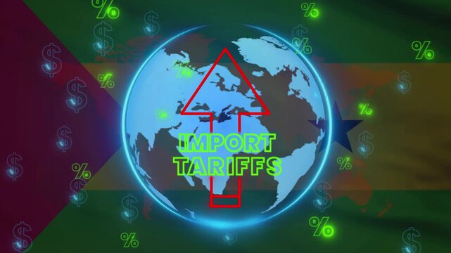 Import Tariffs Rising Globe: The concept of rising import tariffs is illustrated by a globe with an upward arrow and text in the center, surrounded by currency symbols and percentages.