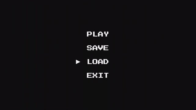 Pixel Art Game Style Menu Text Animation with Glitch Effect on Green Black Background. Retro 8-Bit Video Game Screen. Game Over Loop 4K Animation Video