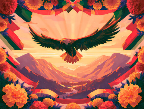 Majestic eagle flying over mountains with decorative floral frame in a flat vector art style