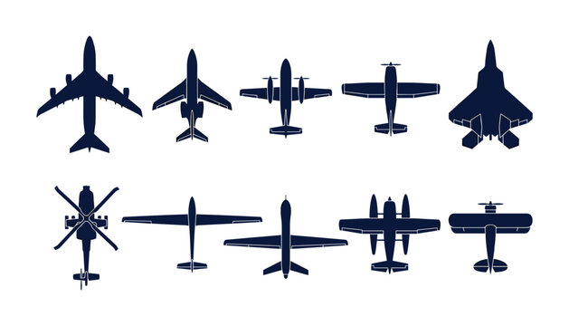 Aircraft silhouette icon set airliner fighter jet helicopter drone glider seaplane biplane top view vector illustration
