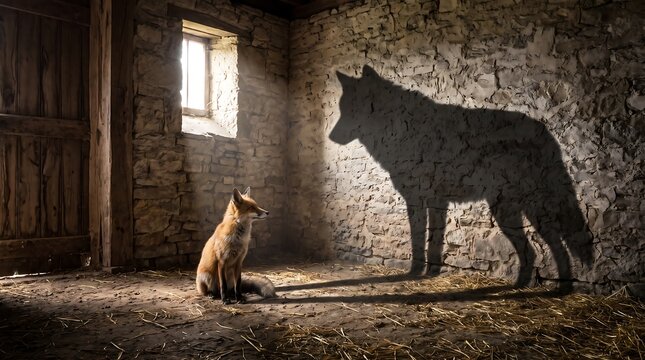Fox with large wolf shadow concept of hidden strength