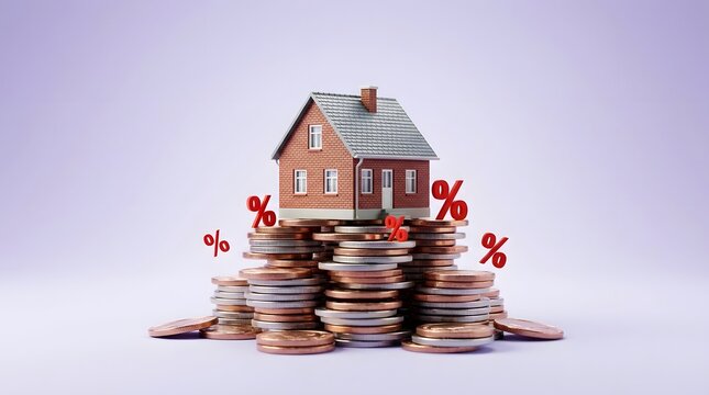 A small model house sitting on top of a large stack of coins with red percentage signs around it