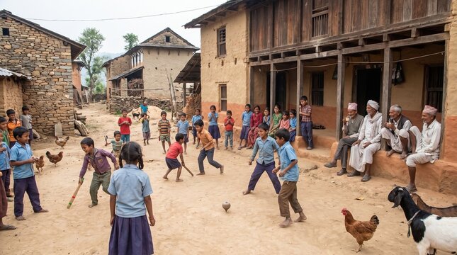 Children Playing Traditional Gilli Danda Game in a Rural Himalayan Village Setting