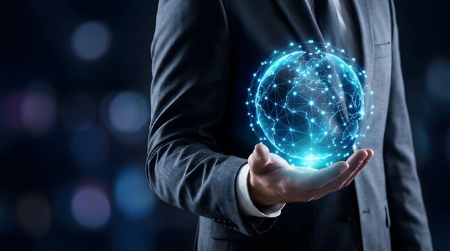 A professional businessman holding a glowing digital globe representing global networking technology and futuristic business connectivity in a dark office