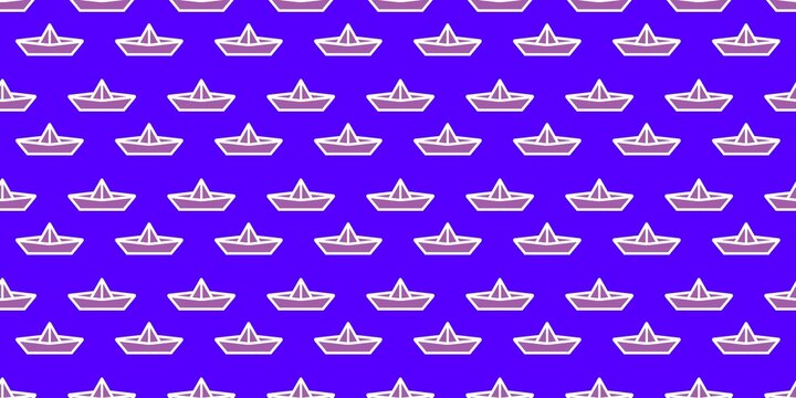 Seamless pattern of purple origami paper boats on blue background vector illustration.
