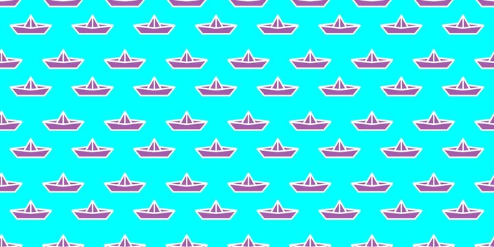 Seamless pattern of purple origami paper boats on a bright cyan background. Clean  design for wallpaper, fabric, or wrapping paper.