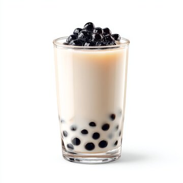Creamy beverage with black tapioca pearls in a clear glass, perfect for refreshment and dessert enjoyment