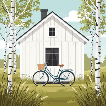 Scandinavian white wooden cottage with vintage bicycle in a birch forest landscape