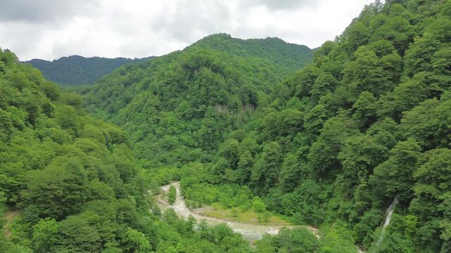 Aerial view rising over a forested gorge along a mountain river, revealing the Egrisi Range in the Western Caucasus mountains of Georgia under an overcast sky.
