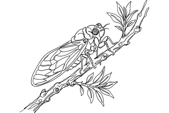 A detailed line art illustration of a cicada resting on a leafy tree branch.