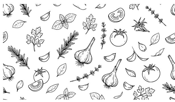 Hand-drawn pattern with garlic, tomatoes, and herbs. Soft blue sketch on cream background. Ideal for kitchen, food, or recipe-themed designs. Minimalist and clean style suits print and digital use