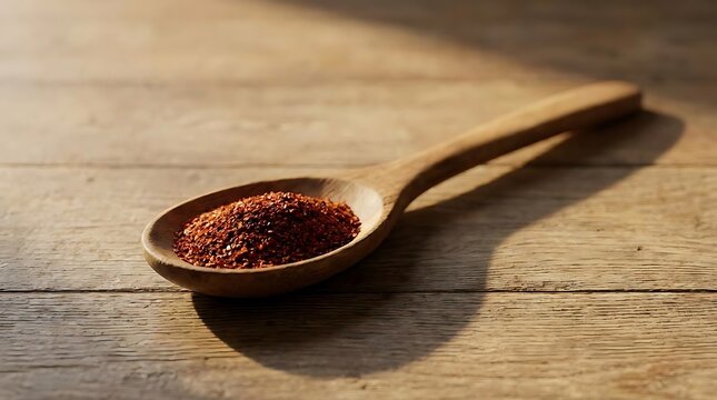 A close-up view of a wooden spoon filled with vibrant aleppo pepper spice resting on a rustic wooden table under soft natural light for a culinary scene