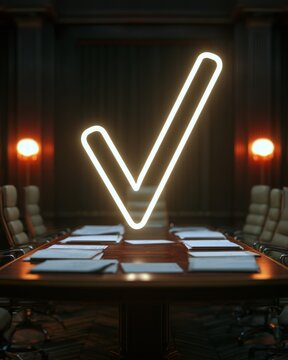 Checkmark hovering above an executive boardroom table
