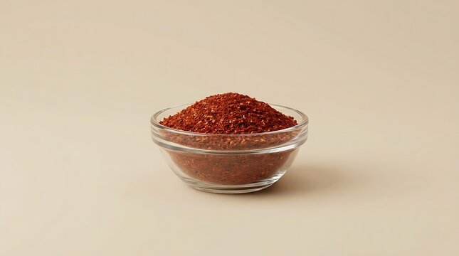 A small glass bowl filled with crushed aleppo pepper flakes displayed on a neutral beige background representing a vibrant culinary spice ingredient