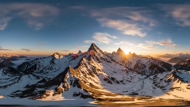 Panorama of snowy mountain peaks under a starry night sky