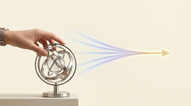 Modern leadership concept illustrating a person's hand adjusting a gyroscopic compass symbolizing direction and guidance