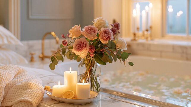 Soothing luxury bathroom setup with fragrant rose petals in a warm bathtub, surrounded by ambient candlelight and fresh flowers