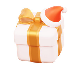3D Christmas gift box with golden ribbon bow and Santa hat for festive packaging, holiday promotion, seasonal branding and winter retail advertising