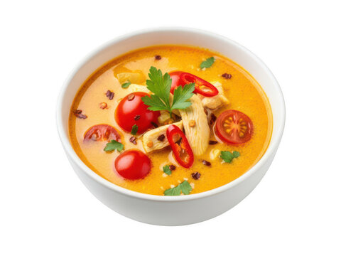 Bowl of creamy tomato and vegetable soup garnished with fresh herbs and spices