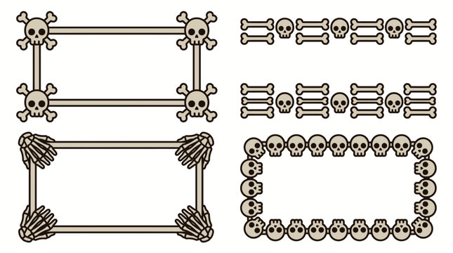 Set of decorative frames and borders made with human skulls and bones.